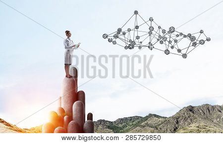 Young Female Doctor With Folder In Hands Satnding On Stone Column. 3d Rendering