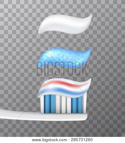 Set Of Various Tooth Paste Samples With A Tooth Brush On Checkered Background - Vector Illustration