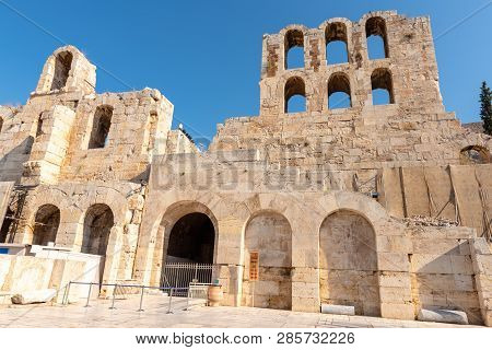 Athens, Greece - September 14, 2018: Facade Of Odeon Of Herodes Atticus In Athens, One Of The Few An