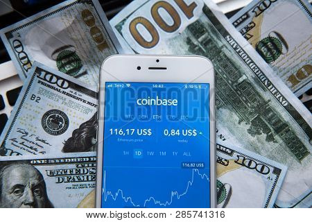 Tula, Russia - January 27, 2019: Coinbase - Buy Bitcoin And