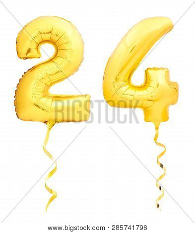 Golden Number 24 Twenty Four Made Of Inflatable Balloon With Ribbon Isolated On White