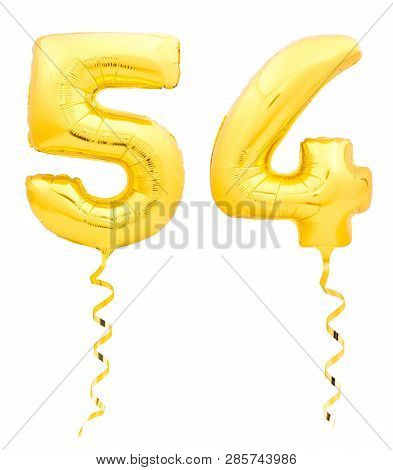 Golden Number Fifty Four 54 Made Of Inflatable Balloon With Ribbon On White