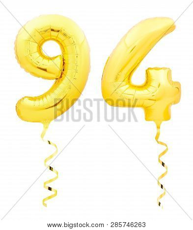 Golden Number Ninety Four 94 Made Of Inflatable Balloon With Ribbon On White