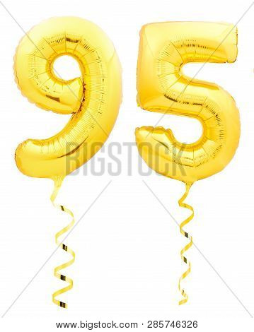 Golden Number Ninety Five 95 Made Of Inflatable Balloon With Ribbon On White
