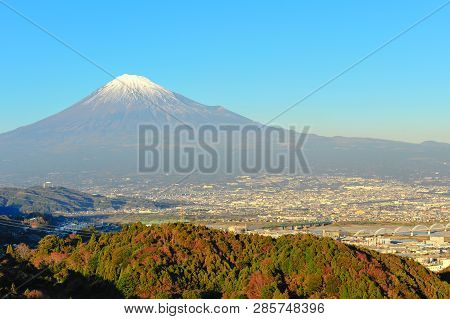 Beautiful Aerial View Of Fuji City With The Majestic, Traditional And Sacred Mount Fuji In The Backg
