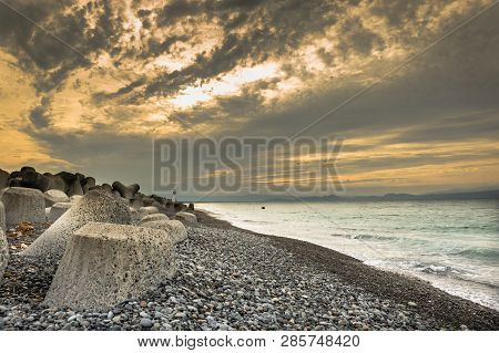 Beautiful Sunrise With Dramatic Orange / Golden Sky In Fuji City, Tagonoura Port, Japan.