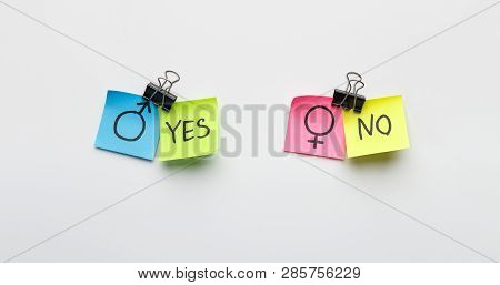 Unrequited Love Or Divorce Concept. Paper With Male Symbol And Yes Text And Female With No On White 