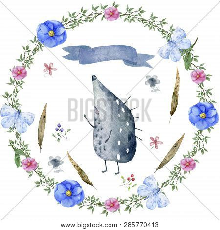Hedgehog Watercolor Bounquet Design Flowers Bounquet Data Spring Green Ribbons And Frame Drawing Ill