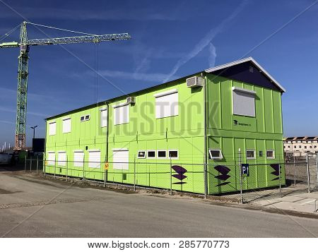 Almere, Flevoland, The Netherlands - February 23, 2019: Temporary Construction Shed Of Dutch Constru