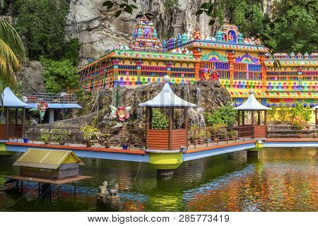 Kuala Lumpur, Malaysia - December 30, 2018. Pond With Artificial Waterfalls, Bridges And Gazebos For