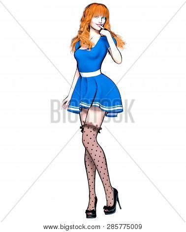 Sexy Anime 3d Doll Japanese Anime Girl Big Green Eyes.short Blue Dress Dark Stockings.cartoon, Comic