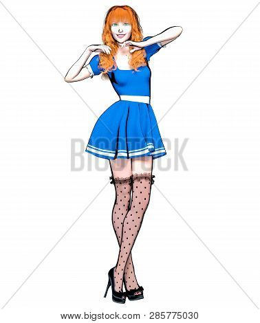 Sexy Anime 3d Doll Japanese Anime Girl Big Green Eyes.short Blue Dress Dark Stockings.cartoon, Comic