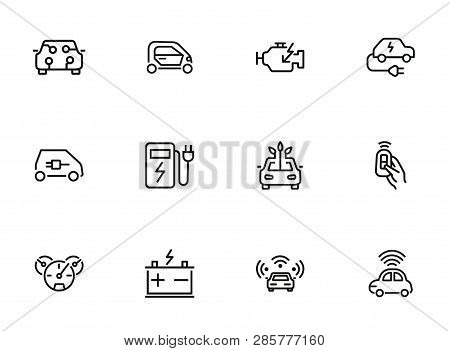 Electric Car Line Icon Set. Vehicle, Engine, Battery, Charging Station. Transport Concept. Can Be Us