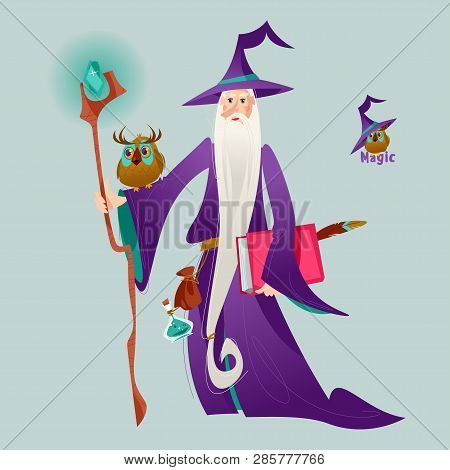 Wizard With A Magic Stick And An Owl. Vector Illustration.