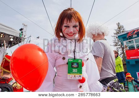 Sheregesh, Kemerovo Region, Russia - April 7, 2018: Young Woman Dressed Like Pennywise From Movie It