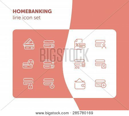 Homebanking Line Icon Set. Set Of Line Icons On White Background. Accountancy Concept. Purse, Percen