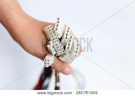Hand Holds Power Cables From Power Supply Unit On White Background, Pc Motherboard Power Cables And 