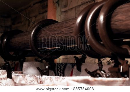 The Curtain Rod With Curtains Close Up With Copy Space