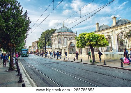 Istanbul, Turkey: Historical Street In A Center Of Istanbul With Mausoleum Of Sultan Mahmut Ii On Ba