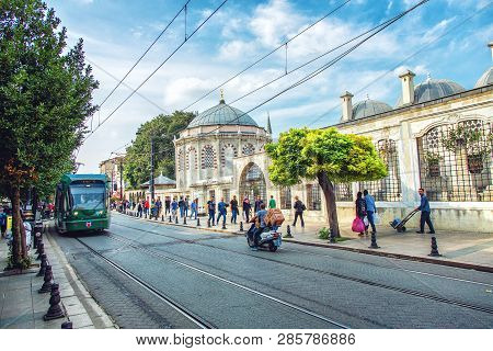 Istanbul, Turkey: Historical Street In A Center Of Istanbul With Mausoleum Of Sultan Mahmut Ii On Ba
