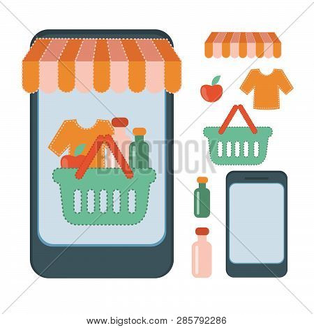 Online Shop Flat Market Business Vector Illustration Set For Print, Internet Business, Marketing And