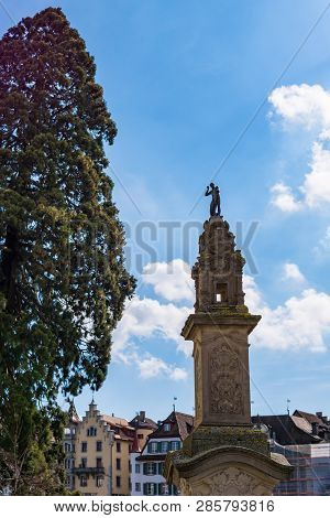 Lucerne, Switzerland - March, 2017: Exterior Views Of The Buildings In The Old Town Centre