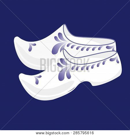 Vector Illustration Of Traditional Wooden Shoes With Blue Petals. Isolated On Blue Background.
