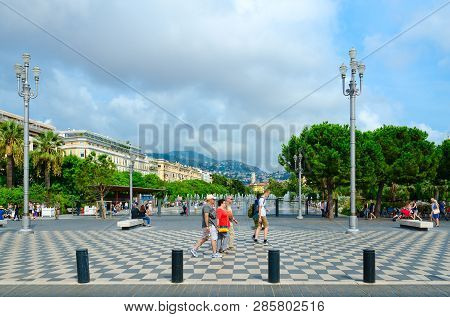 Nice, France - September 15, 2018: Unidentified People Walk Around Place Massena, Promenade Du Paill