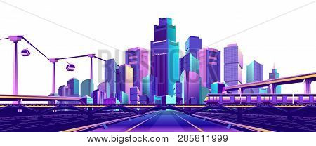 The Futuristic Resort Town Is Illuminated With Neon Color And, Traffic, Roads, Bridges, Estokadas An