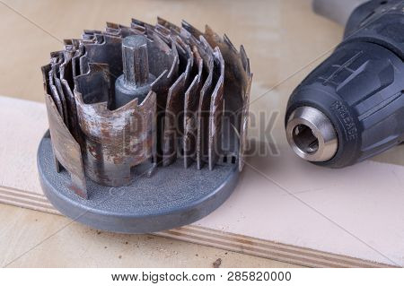 A Device For Making Holes In Wood. Joinery Accessories For Diy Enthusiasts. Dark Background.