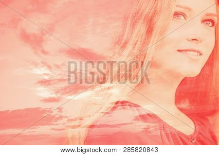 Double Exposure Female Close Up Portrait With Dreamy Cloudy Sky Coral Color