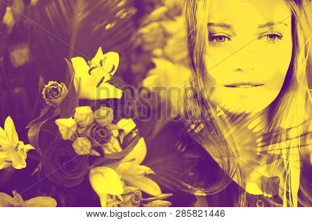 Double Exposure Duotone Female Close Up Portrait With Dreamy Cloudy Sky Coral Color