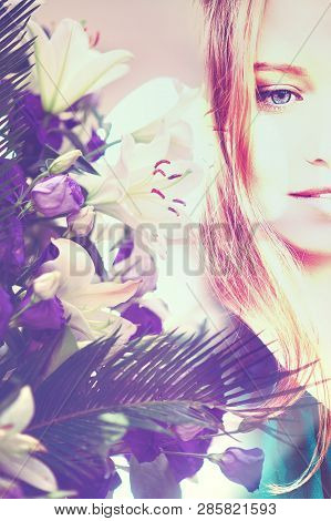 Double Exposure Duotone Female Close Up Portrait With Dreamy Cloudy Sky Coral Color