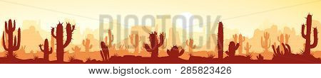 Illustration Of Wide Image Of Different Cactus And Desert Landscape At Sunset