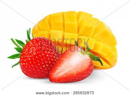 Strawberry And Ripe Mango Isolated On White Background