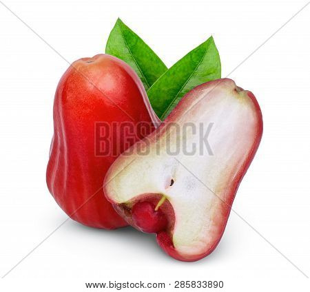 Whole And Half Rose Apple Or Chomphu With Green Leaf Isolated On White Background
