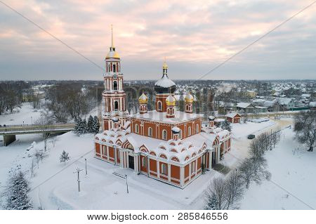 View Of The Old Resurrection Cathedral On January Evening (aerial Photography). Staraya Russa, Russi