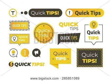 Quick Tips Shapes. Helpful Tricks Logos And Banners, Advices And Suggestions Emblems. Vector Quick H