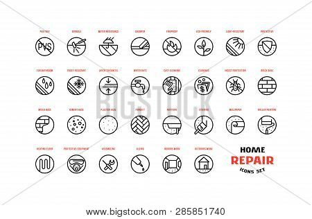 Home Repair And Building Icons Set In Thin Line Style. For Packaging, Label And Web Design. Isolated