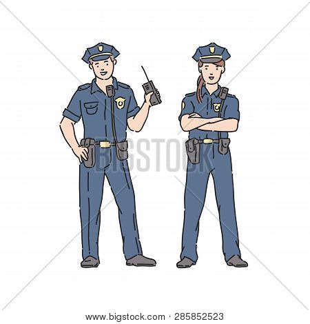 Police Officer Woman And Man In Professional Uniform. Vector Illustration In Line Art Style Isolated