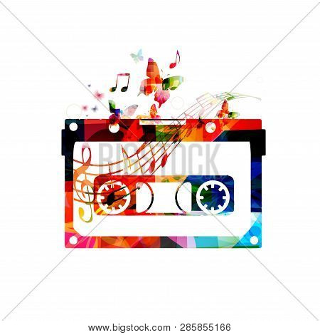 Colorful Cassette Tape With Music Notes Isolated Vector Illustration Design. Music Background. Retro