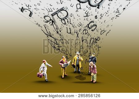 Little Miniature Figurines Standing Over Magazine, Newspaper Sheet With Huge Amount Of Letters Flyin