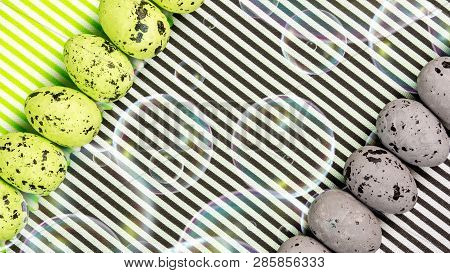 Easter Abstract Gift Card On Black And White Diagonal Lines Textured Background With Easter Eggs Lay