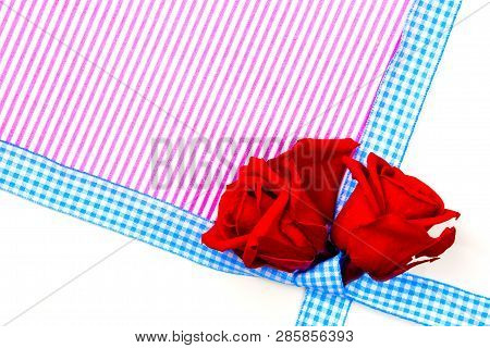 Congratulation Or Valentine Gift Card With White Background With Two Red Roses And Blue Knot And Ban