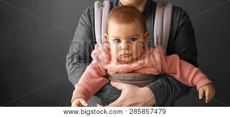 Fathre And His Kid In Baby Carrier At The Grey Background Wall, Baby Wearing Concept