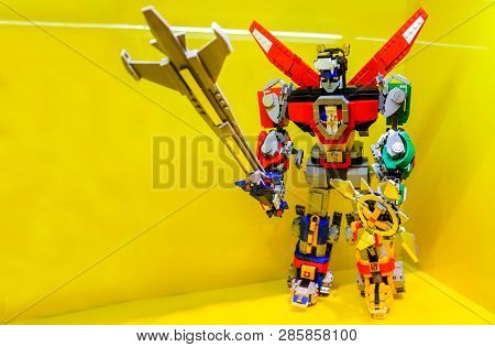 Voltron Action Figure Made Of Lego Bricks In The Lego Store Of Bologna, Italy, 24 Feb 2019