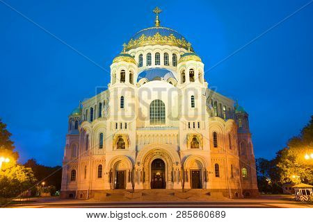 The  Old St. Nicholas Wonderworker Naval Cathedral In The Night Illumination Close-up. Kronstadt, Ru
