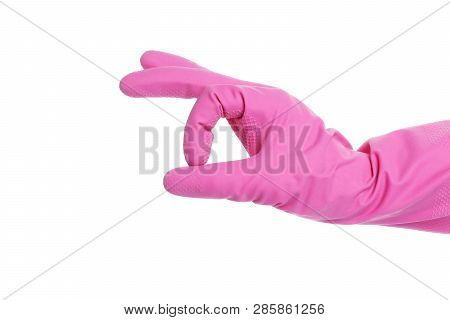 Thumb Up Symbol In Rubber Glove. Pink Glove Ok Insulation. Isoled.