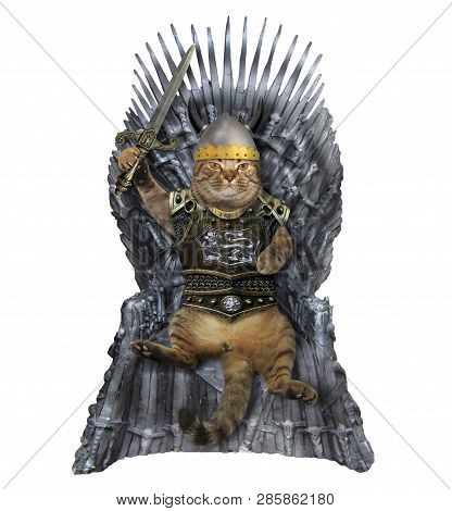 The Cat Knight In A Helmet And A Cuirass With A Sword Sits On The Iron Throne. White Background.