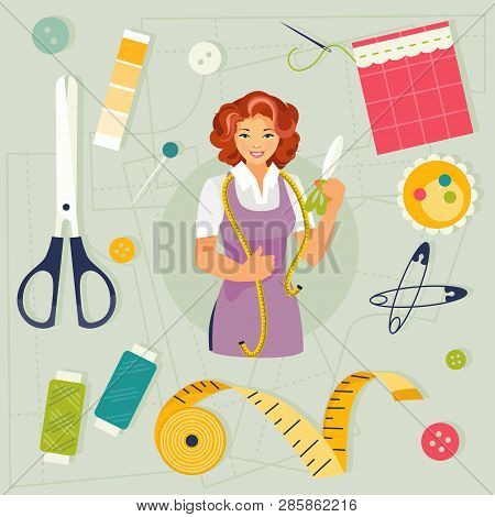 Woman Seamstress And A Set Of Sewing Supplies. Vector Illustration